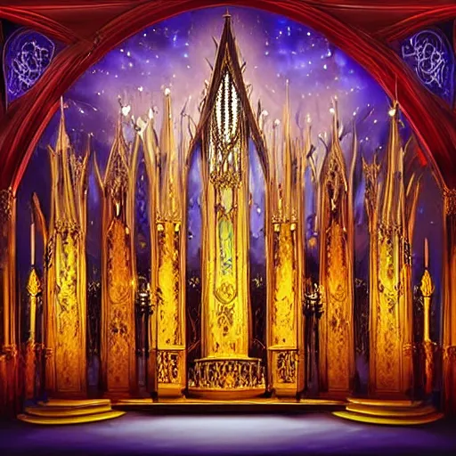 Image similar to ornate gothic performace stage with lights and large sound speaksers, by Megan Duncanson and Raphael Lacoste, detailed 3d gothic oil painting