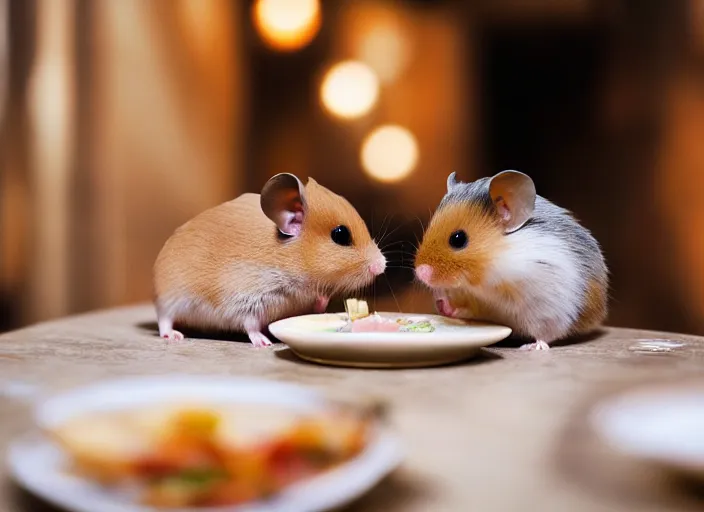 Image similar to photo of a hamsters on a date, eating various michelin dishes, at night, faded colors, candlelit restaurant table, various poses, soft light, centered, sharp focus, 8 k