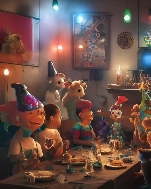 Image similar to pals have a birthday party, hyper realism, cinematic shot, epic composition, fine details, octane render, unreal engine, 8 k, depth of field, photorealistic, concept art, digital art, deviantart artstation, intricate complexity, extremely detailed, very sharp,