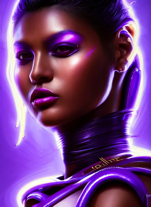 Image similar to portrait of warrior, intricate, ultra violet highlights, neon, brown skin, sharp focus, octane render, detailed, beautiful, unreal engine, symmetrical!!, loreal, maybelline, sephora, loreal, artstation, art by karol bak, art by artgerm, rossdraws, cinematic, concept art, filmic, vsco