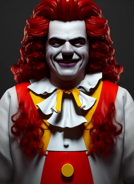 Prompt: portrait of Pedro Sanchez as Ronald McDonald, perfect facial symmetry + dim volumetric lighting, 8k octane beautifully detailed render, post-processing, extremely hyperdetailed, intricate, epic composition, grim yet sparkling atmosphere, cinematic lighting + masterpiece, trending on artstation