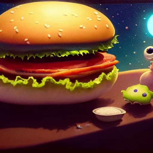 Prompt: a surreal Bioluminescent, very very very cute Hamburger in a happy world, extra onions and ketchup, luscious patty with sesame seeds, art by Daniel Merriam, Trending on Artstation, oil on Canvas by Elena Zhurikhina and Goro Fujita and Charlie Bowater, octane render, 4k, 8k, HD