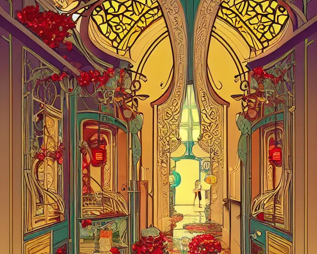 Image similar to art nouveau style champagne commercial, artstation, illustration, bright, cheerful, detailed and intricate environment