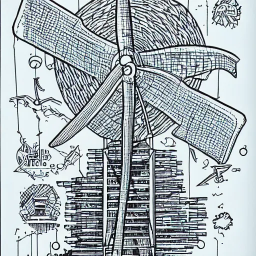 Image similar to Simplistic comic illustration of a wind turbine blueprint, black ball pen on white paper, by Josan Gonzalez and Geof Darrow