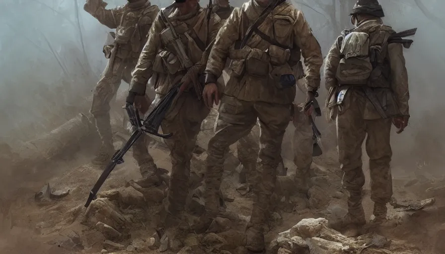 Image similar to beautiful digital painting of a lone survivor, one soldier after his squad killed in action in a trench waiting for the war to end. cinematic lighting and rendering, atmospheric, concept art, high detailed faces, artstation by artgerm and greg rutkowski,,