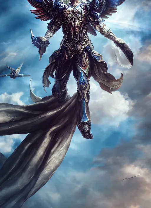 Image similar to archangel micheal flying in sky by huang guangjian, taekwon kim rostbite 3 engine, cryengine, dof, trending on artstation, digital art, chanel, dior, fantasy and detailed and intricate background