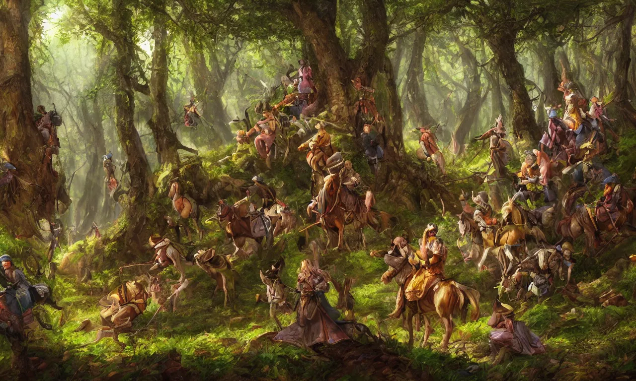 Image similar to A painterly semirealistic and beautifully styled oil painting of a beautiful forest in Spring, a crew of medieval men here and there on the ground wearing colorful medieval clothes, digital art by Wylie Beckert Julie Dillon and Eric Fortune, award-winning masterpiece, trending on ArtStation