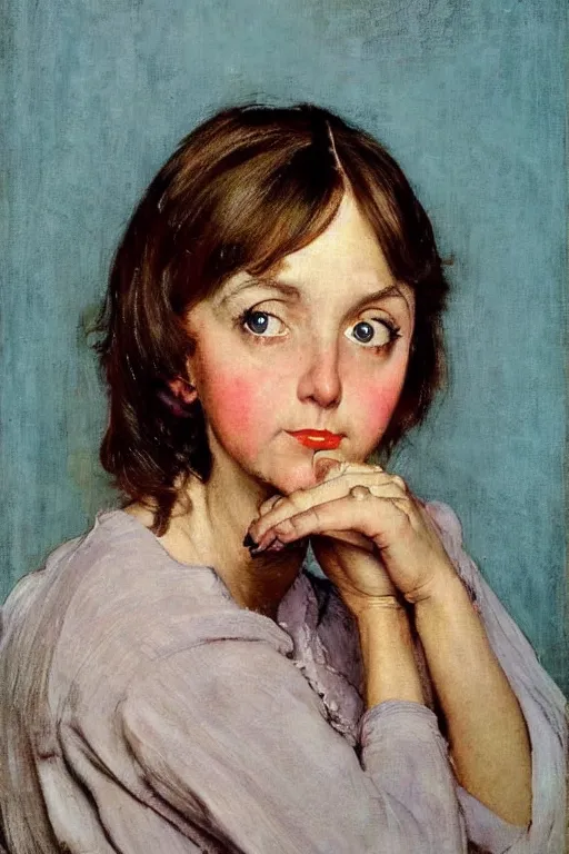 Prompt: portrait of a woman!!! looking away! big eyes!!! brown hair!!! bangs on the face!! norman rockwell!!