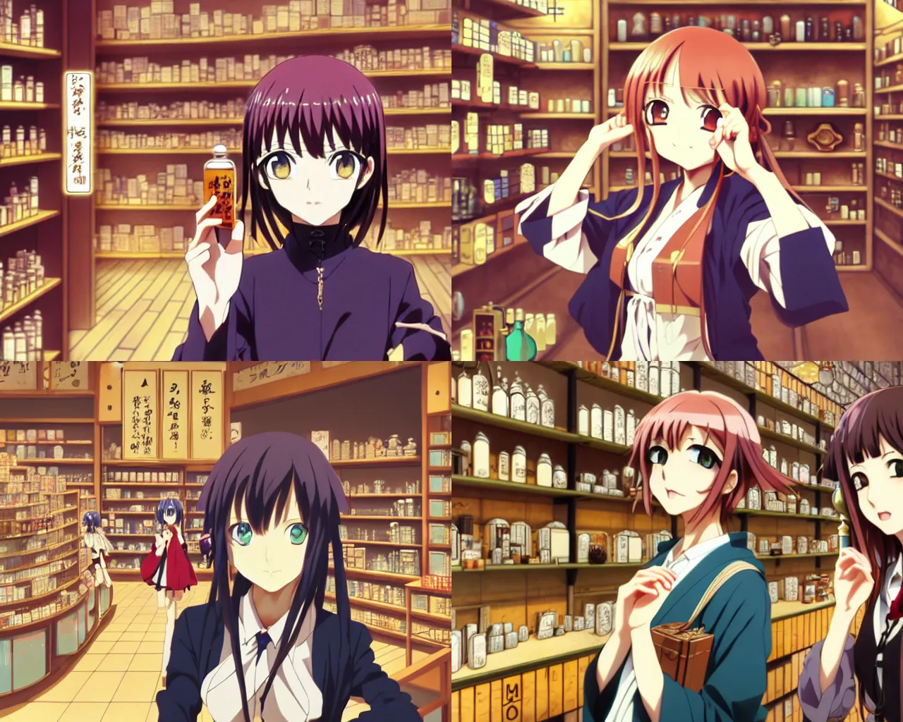 Prompt: lomography, anime visual, portrait of a young woman in a alchemist's potion shop interior shopping, cute face katsura masakazu, yoh yoshinari, ilya kuvshinov, makoto shinai, dynamic pose and perspective, detailed facial features, 1 8 mm photo