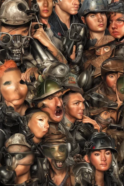 Image similar to place full of tunnel rats - pop art, hyperrealistic, detailed by artgerm and richard hamilton and mimmo rottela and bob rafei and kazuma kaneko and bengus and yoshitaka amano, face features, realistic detail human composition, best rendered by photoshop and octane