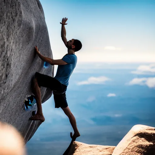 Prompt: a man in an airplane is watching his friends bouldering