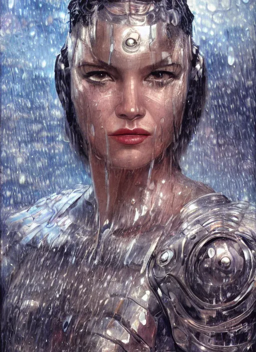 Image similar to a biblical diabolical beautiful female android, rain on face, shiny hi tech armor, dynamic pose, splashing, heavy eyes to the side, glowing veins, in clouds, rain, sunset, portrait, by gerald brom, by mikhail vrubel, by peter elson, muted colors, extreme detail, reflections, trending on artstation, 8 k