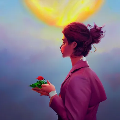 Image similar to closeup, big rose flower over head, frontal, girl in a suit, surreal photography, sunrise, dramatic light, impressionist painting, digital painting, artstation, simon stalenhag