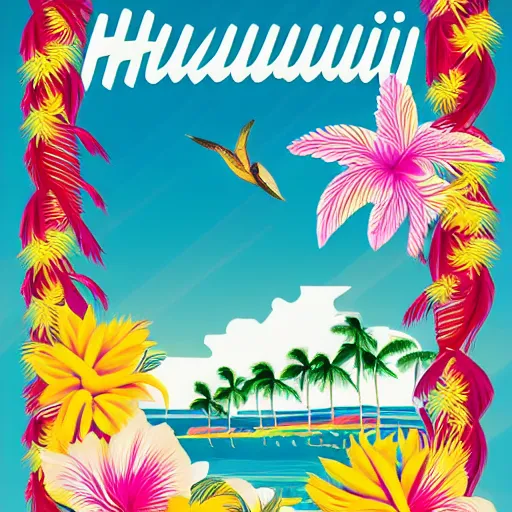 Image similar to hawaii tourism poster in style of bauhaus, hula girl, surfboard, waves, palm trees, sun, surf sand, medley of tropical flowers, lei, beautiful, symmetrical, textured, layered, ornate, detailed, chromostereopsis, 8 k