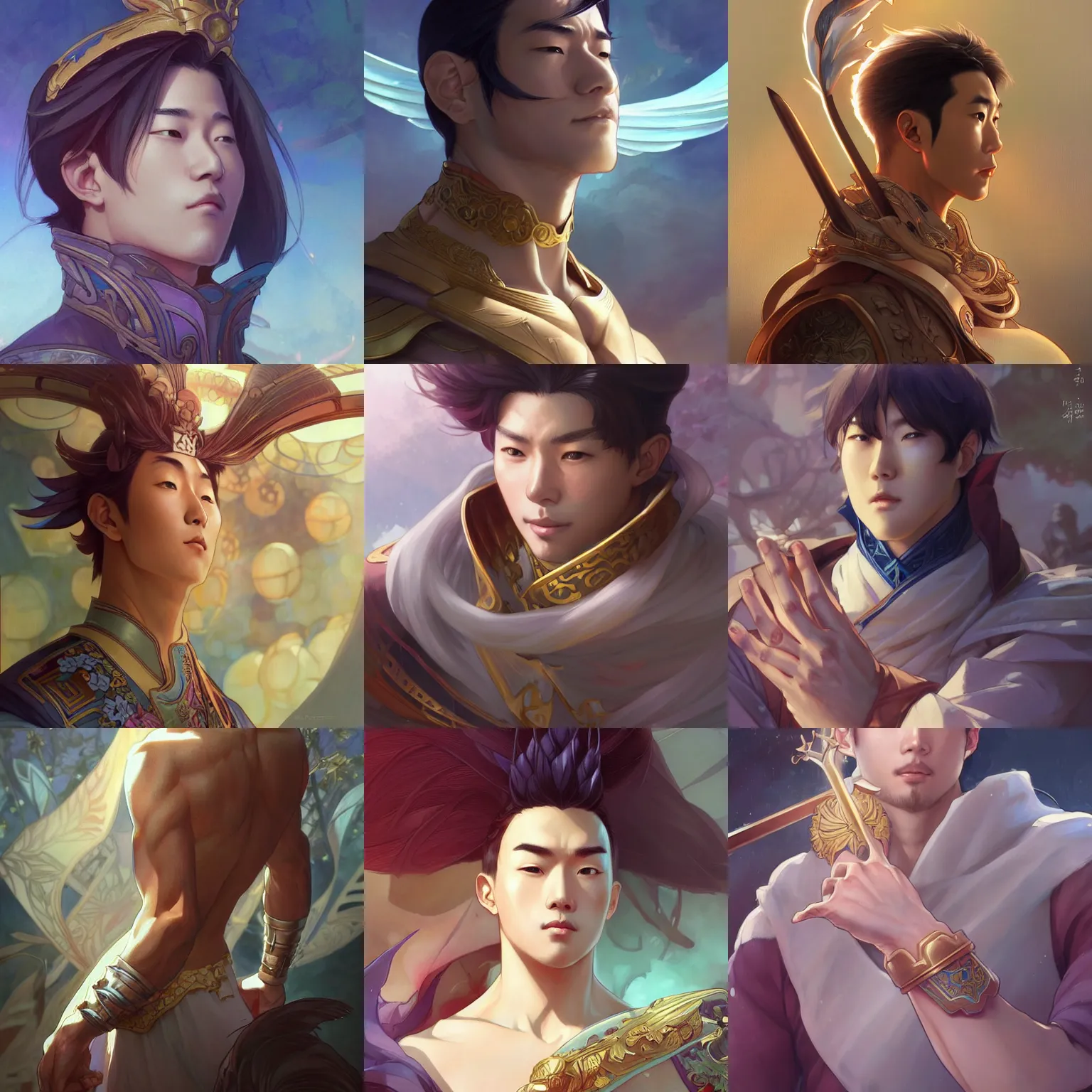 Prompt: male korean emperor, art by artgerm and greg rutkowski and magali villeneuve and alphonse mucha and rossdraws and makoto shinkai, muscular, d & d, fantasy, highly detailed, digital painting, trending on artstation, concept art, sharp focus, illustration