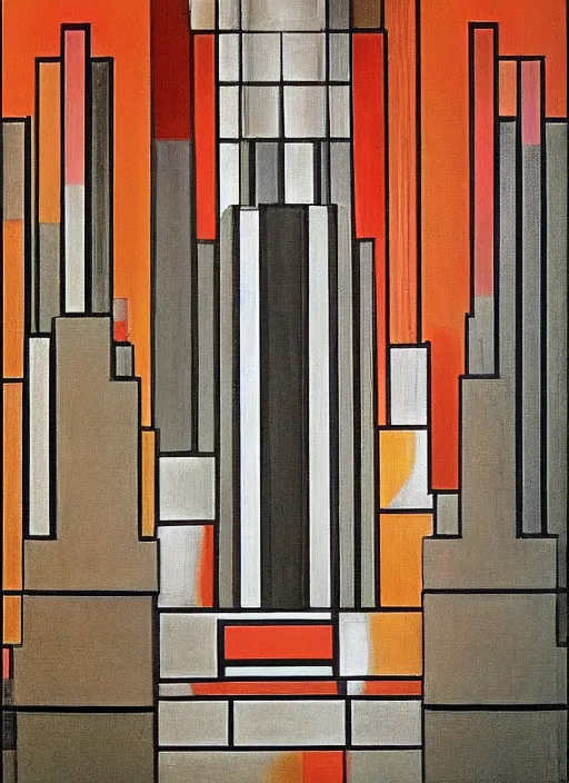 Image similar to artdeco cathedral by frank lloyd wright painted by piet mondrian