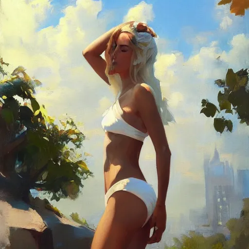 Prompt: greg manchess portrait painting of a 2 yorha type a no. 2 in a bikini, white long hair, organic painting, sunny day, matte painting, bold shapes, hard edges, street art, trending on artstation, by huang guangjian and gil elvgren and sachin teng