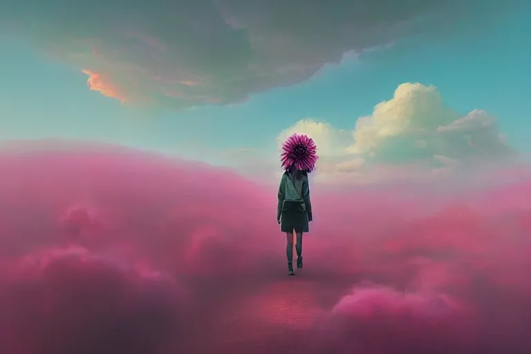 Prompt: giant dahlia flowers on head, girl walking on mountain, surreal photography, pink storm clouds, dramatic light, impressionist painting, digital painting, artstation, simon stalenhag
