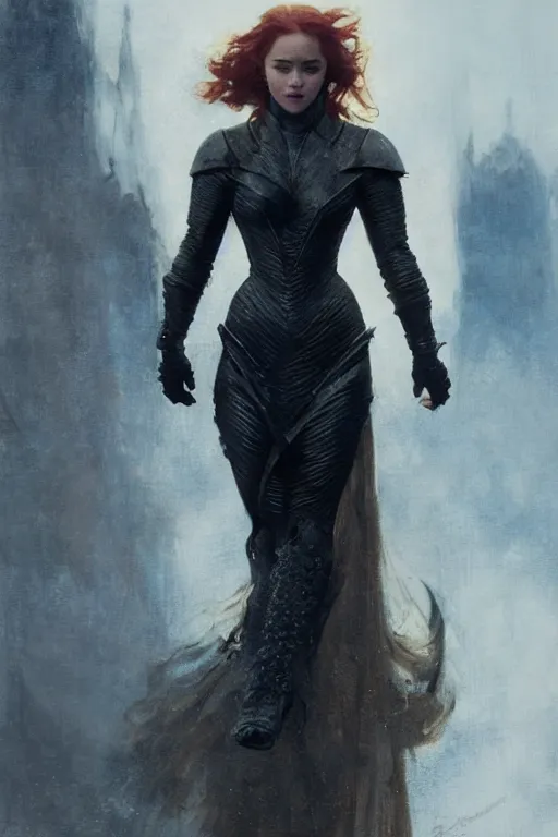 Image similar to redhead emilia clarke wearing black geometric armour, bare legs, detailed, by gaston bussiere, bayard wu, greg rutkowski, giger, maxim verehin, greg rutkowski, masterpiece, sharp focus, cinematic lightning