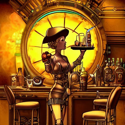 Image similar to a steampunk planet earth, has a drink at a bar. digital art, dramatic lighting, comedy, science fiction, epic fantasy, surreal. style of fifth element ( film )