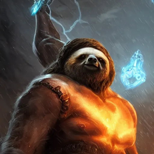 Image similar to portrait of sloth! as zeus the god of thunder, league of legends amazing splashscreen artwork, gears of war, splash art, natural light, elegant, photorealistic facial features, intricate, fantasy, detailed face, atmospheric lighting, anamorphic lens flare, cinematic lighting, league of legends splash art, hd wallpaper, ultra high details by greg rutkowski