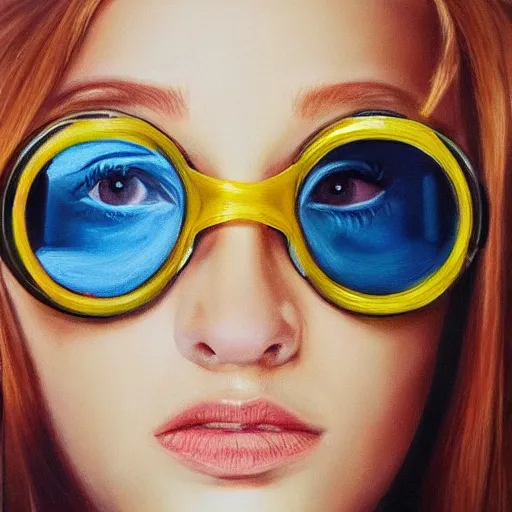 Image similar to hyperrealism oil painting, fashion model portrait underwater, swimming goggles