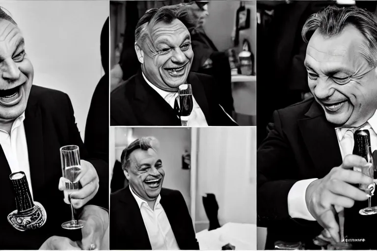 Image similar to viktor orban drinking champagne smoking cigar laughing hard by peter lindbergh