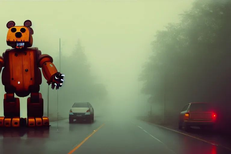 Image similar to a giant freddy fazbear robot animatronic bear in the middle of a foggy street, award - winning art by simon stalenhag, trending on artstation