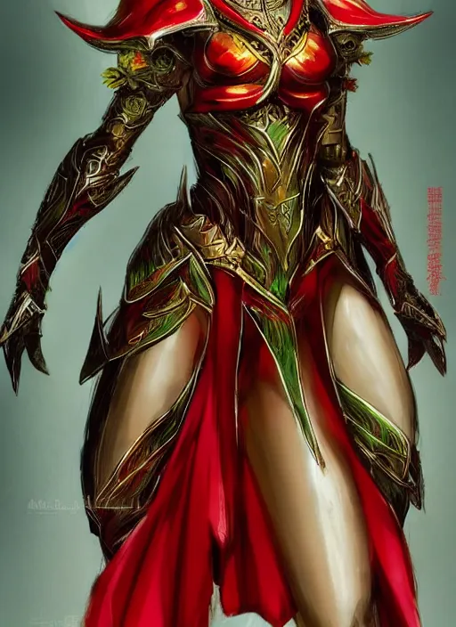 Image similar to Full body portrait of a beautiful young blonde short haired elven princess wearing red, green and gold armour robe. In style of Yoji Shinkawa and Hyung-tae Kim, trending on ArtStation, dark fantasy, great composition, concept art, highly detailed.