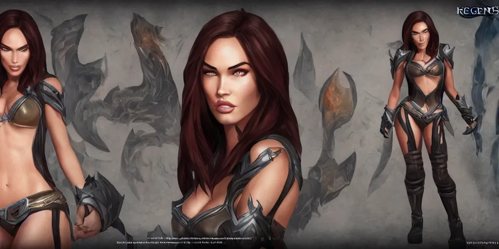 Image similar to character sheet of Megan Fox as a character in the game League of Legends, with a background based on the game League of Legends, 3d render, octane render, iRay, ray tracing, realistic, highly detailed, trending on artstation, 4k, cgsociety, unreal engine 5, redshift render, blender cycles, behance, cg