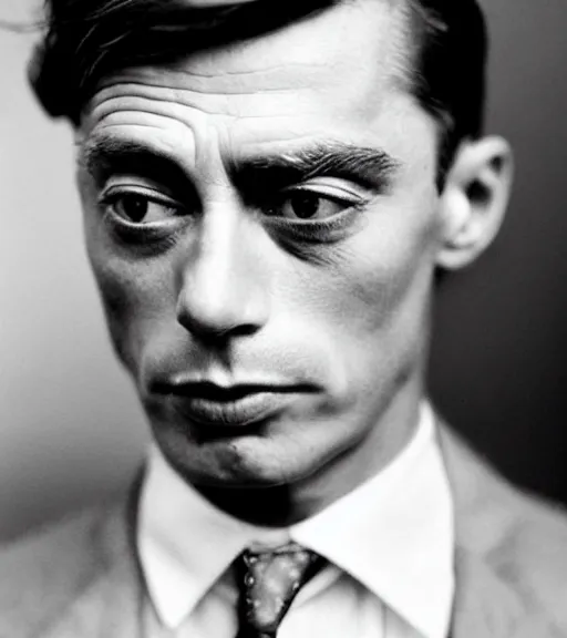 Image similar to a man who is a genetic combination of buster keaton and james dean, face and shoulders focus