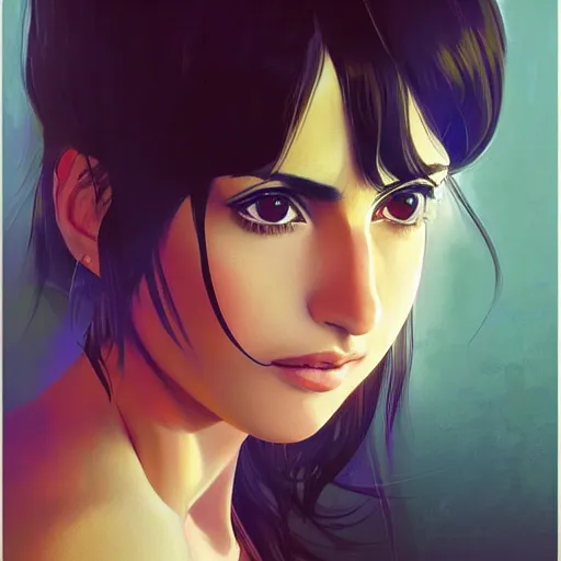 Image similar to penelope cruz portrait as manga girl, realistic shaded perfect face, fine details. anime. realistic shaded lighting poster by ilya kuvshinov katsuhiro otomo ghost - in - the - shell, magali villeneuve, artgerm, jeremy lipkin and michael garmash and rob rey