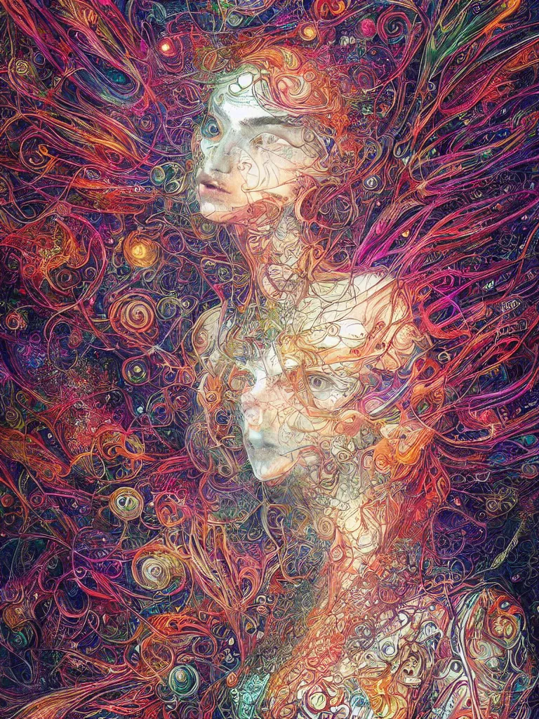 Image similar to an intricate visionary depiction of a realistic beautiful glowing enlightened female transcending beyond the physical boundaries of space and time by android jones and amanda sage