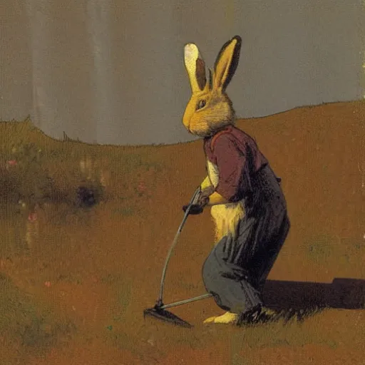 Image similar to a rabbit using a metal detector, in the style of ilya repin