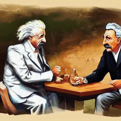 Image similar to Albert Einstein discussing a war strategy with Stalin on a caribbean beach while drinking rum, digital painting, concept art, detailed