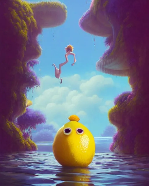 Image similar to highly detailed surreal vfx portrait of an anthropomorphic lemon pool party, stephen bliss, unreal engine, greg rutkowski, loish, rhads, beeple, makoto shinkai and lois van baarle, ilya kuvshinov, rossdraws, tom bagshaw, global illumination, detailed and intricate environment