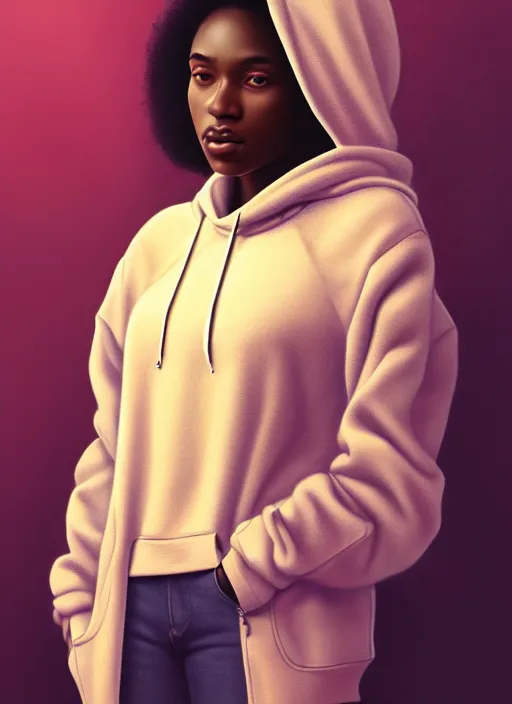 Prompt: full body portrait of young black woman as a software engineer, oversized hoodie, intricate, beautiful and elegant, highly detailed, digital painting, artstation, concept art, smooth, sharp focus, illustration, art by wlop, mars ravelo and greg rutkowski