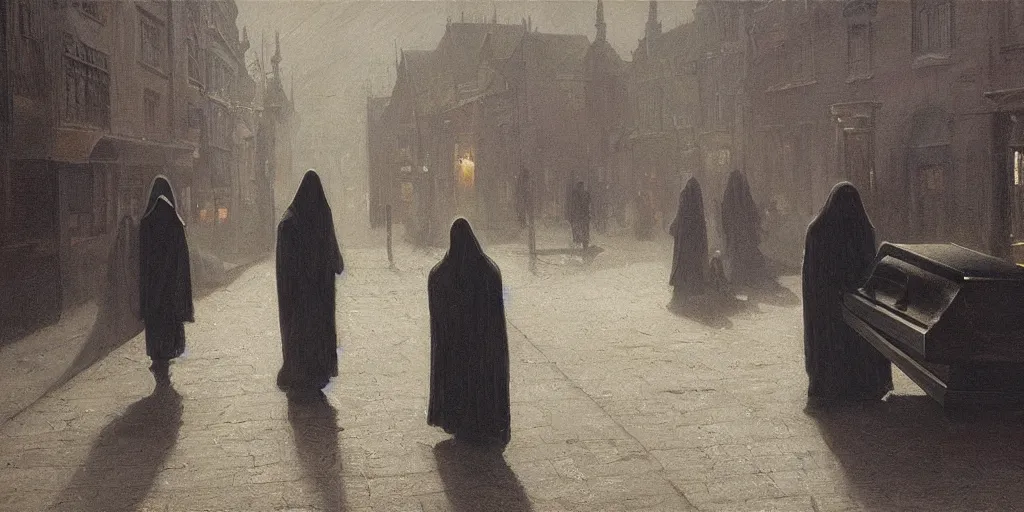 Image similar to a cloaked man dragging a black wooden coffin down the street by a chain lit only by gas lamps by john howe and henry ossawa tanner, trending on artstation, hyperrealism, highly detailed, art gallery, museum piece