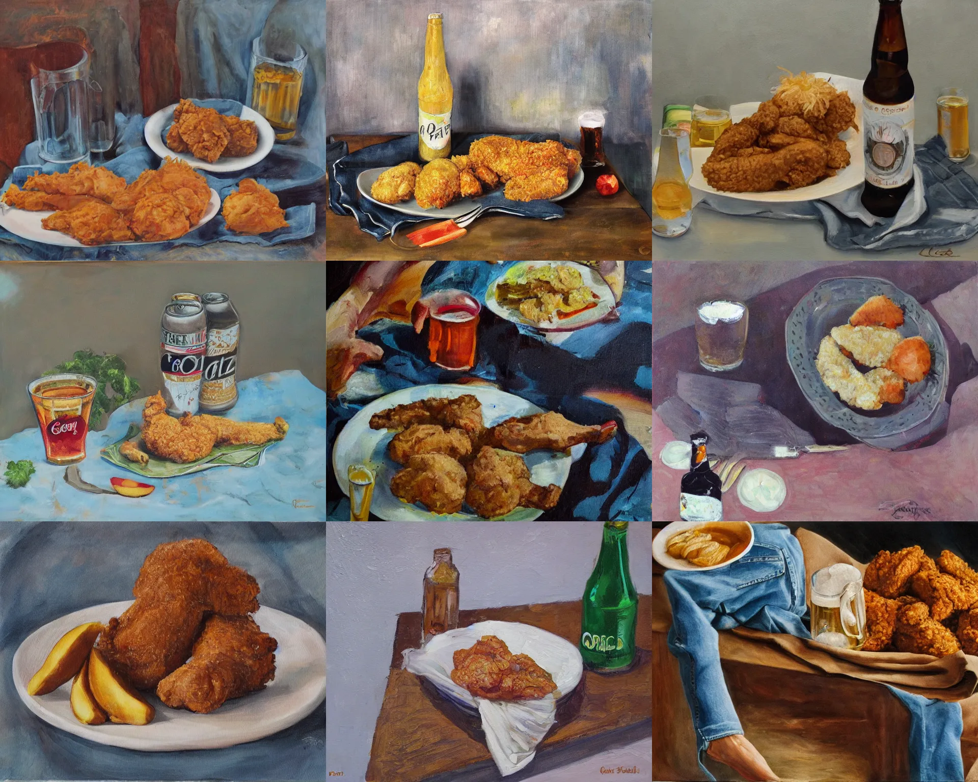 Prompt: fried chicken, cold beer, pair of jeans, georgia pine and peach, oil on canvas