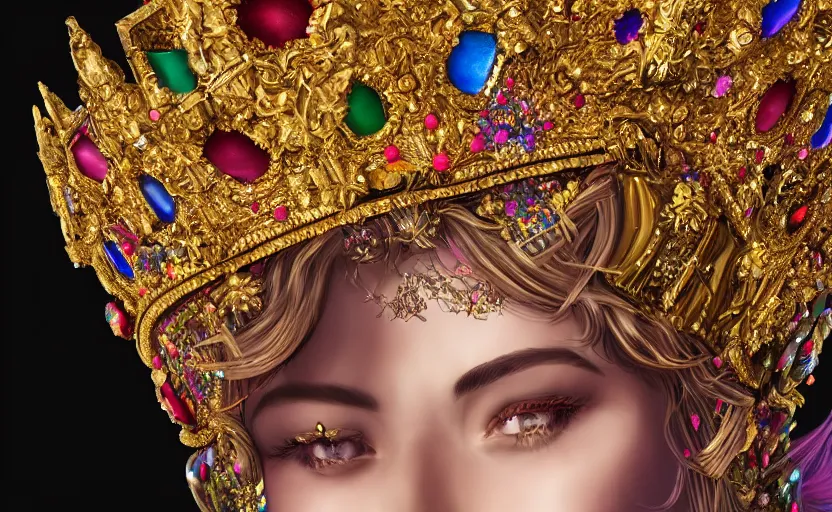 Image similar to Golden crown adorned with multicolored gems, hyperdetailed, artstation, cgsociety, golden hour 8k