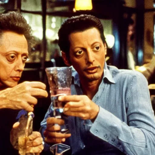 Image similar to jeff goldblum having a drink with christopher walken