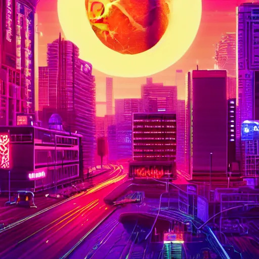 Image similar to a cityscape with a big moon, vaporwave, synthwave, glowing neon lights, detailed illustration, octane render, god rays, intricate, epic lighting, cinematic composition, hyper realistic, 8 k resolution, unreal engine 5, by artgerm, tooth wu, dan mumford, beeple, wlop, artstation