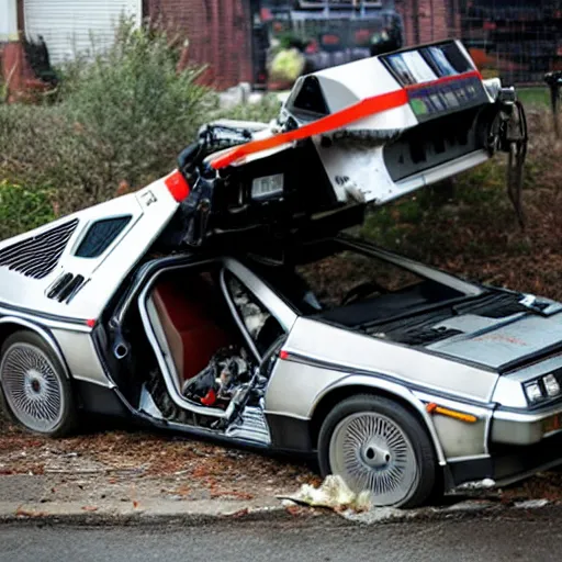 Prompt: crashed delorean