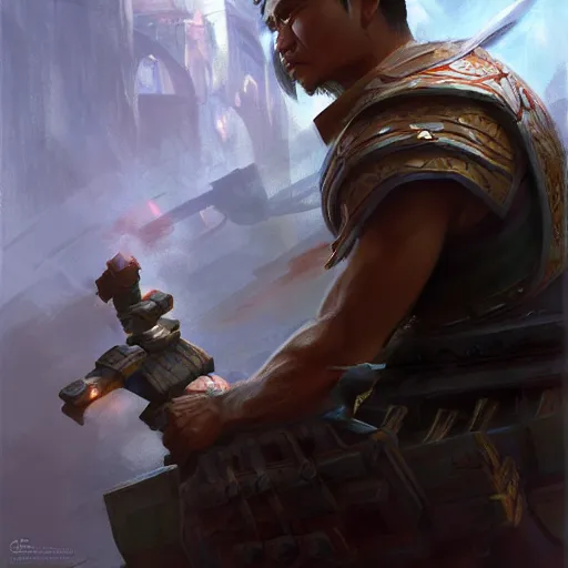 Image similar to side profile of a filipino man sitting on a tank wielding a scepter, highly detailed, d & d, fantasy digital painting, trending on artstation, concept art, sharp focus, illustration, volumetric light, intricate, matte, art by artgerm and greg rutkowski