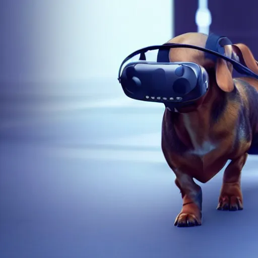 Image similar to dachshund dog wearing vr headset and htc vive trackers recording motion capture, artstation, eerie lighting, cyberpunk