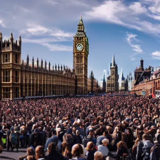 Image similar to a picture of westminster with a gigantic crowd of protestors on the street, the sky is blue and everyone is holding russian signs wide shot hyperrealistic photography 7 0 mm