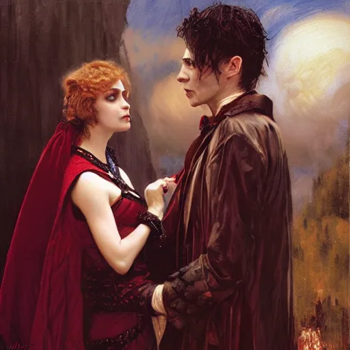 Image similar to attractive male, arthur pendragon confesses his love to attractive male dracula the vampire. highly detailed painting by gaston bussiere, craig mullins, j. c. leyendecker 8 k