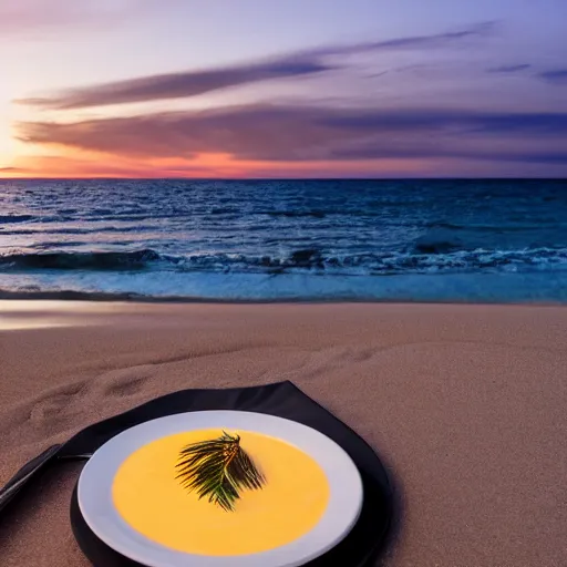 Image similar to professional photo of an empty white dish over a table with a sunset on the beach in the background