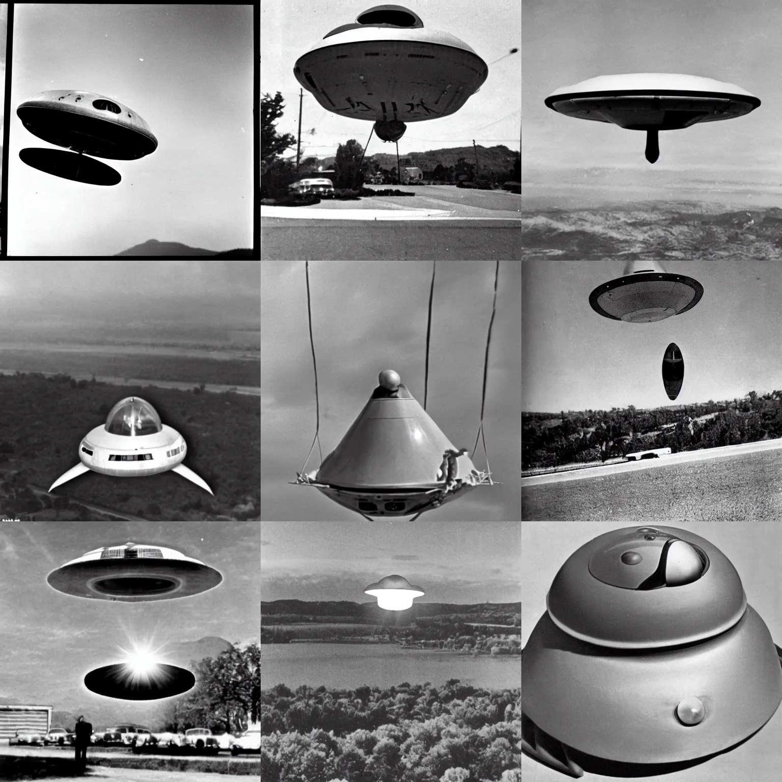 Prompt: 1 9 5 0 s photo of a sentient ufo