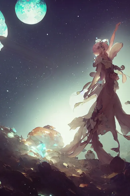 Image similar to A beautiful whimsical woman basking in the moonlight on a bed of crystals below planets, cinematic lighting, dramatic atmosphere, by Dustin Nguyen, Akihiko Yoshida, Greg Tocchini, Greg Rutkowski, Cliff Chiang, 4k resolution, trending on artstation